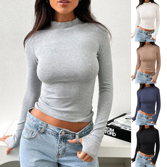 Damen hochwertiges Langarmshirt mit Stehkragen und feiner Rippstruktur EB