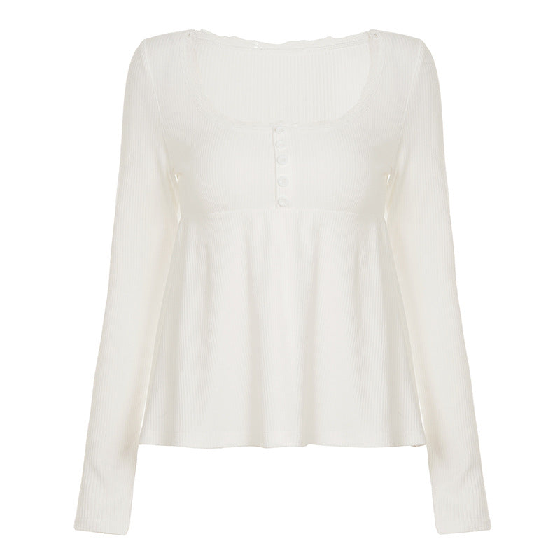 Damen nan geripptes Langarm-Top mit Empire-Taille, zierlicher Knopfleiste und Spitzenbesatz EB