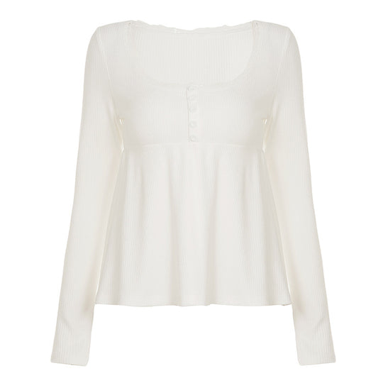 Damen nan geripptes Langarm-Top mit Empire-Taille, zierlicher Knopfleiste und Spitzenbesatz EB