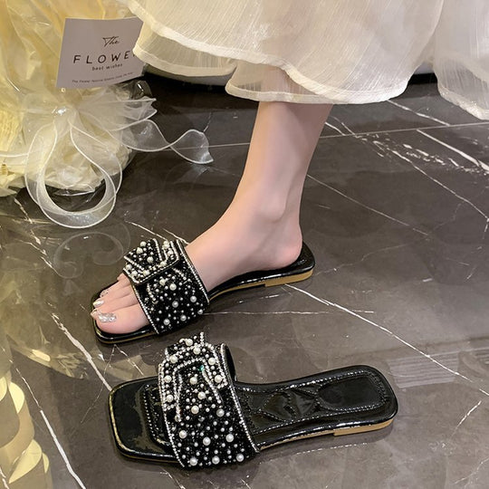 Damen glamouröse Pantoletten mit funkelnden Strass- und Perlenakzenten EB
