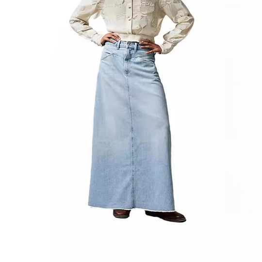 Damen Maxirock aus schwarzem Denim mit seitlichen Taschen und lässigem Schnitt EB