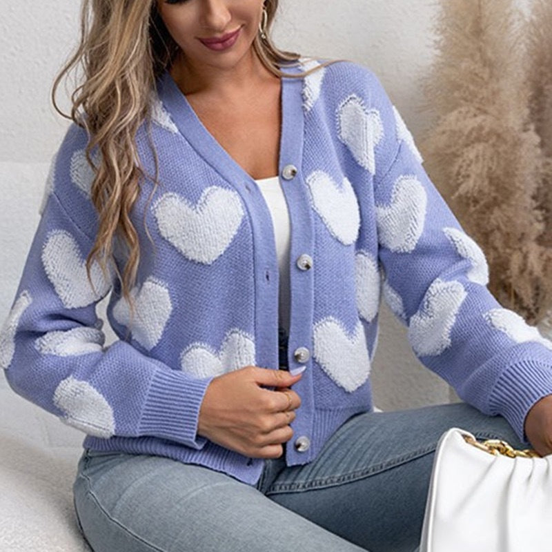 Damen kuschelige Strickjacke mit Herzmuster EB