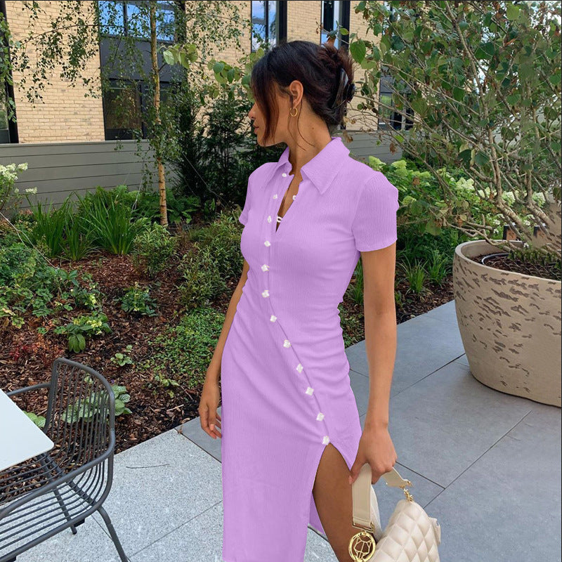 Damen figurbetontes Maxikleid mit Knopfleiste und Beinschlitz EB