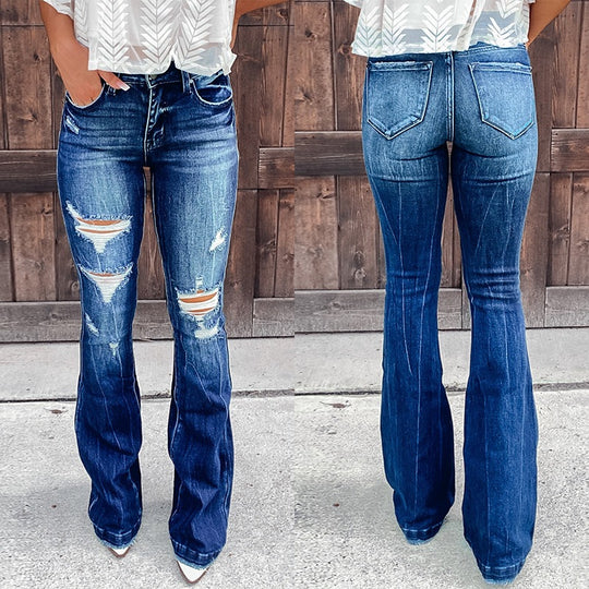 Damen Flared Jeans mit modischen Destroyed-Effekten und hohem Bund EB