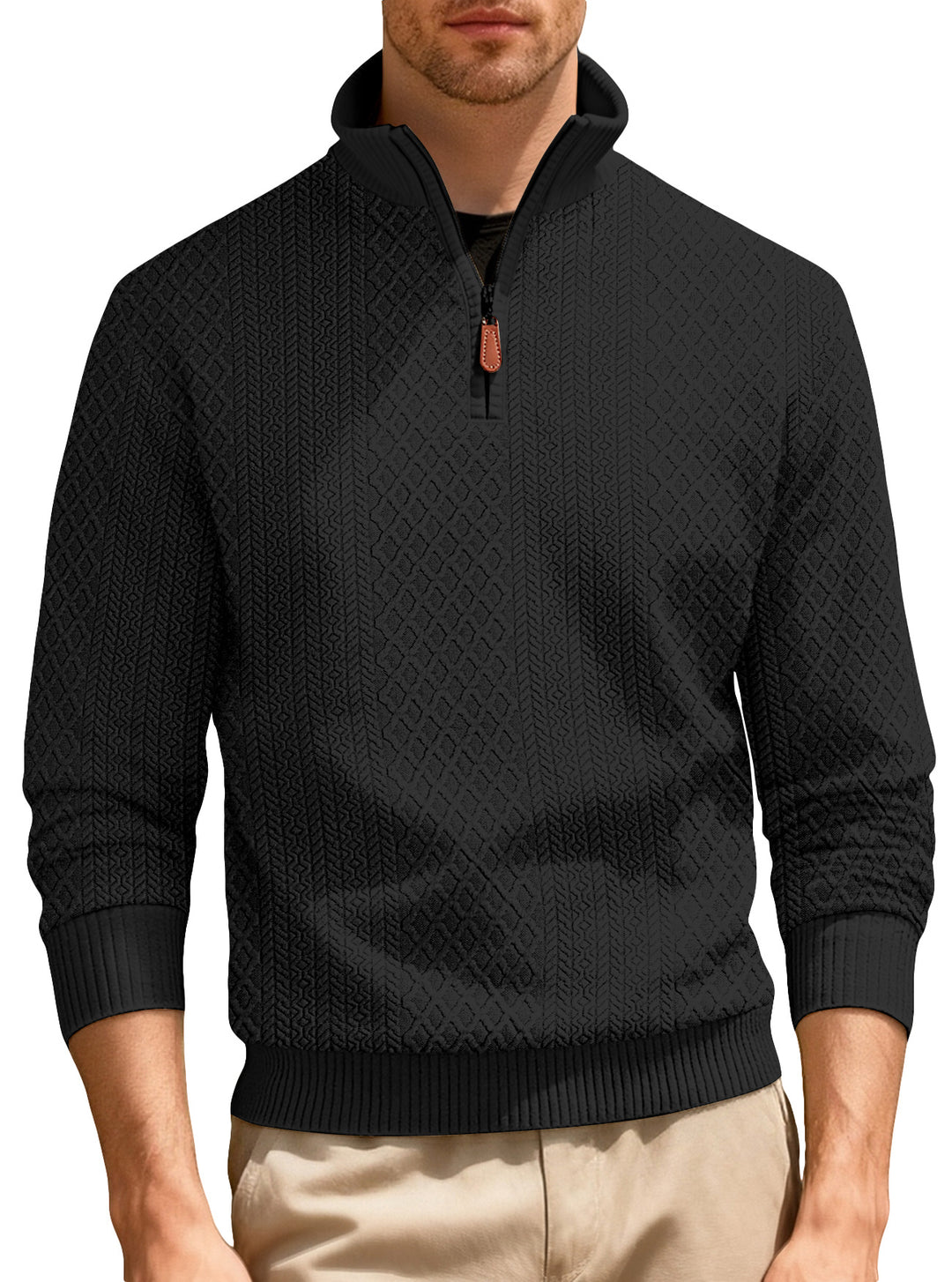 Herren nan feinstrukturierter Halbzip-Pullover im Jacquard-Relief mit hohem Stehkragen und Leder-Zipper EB