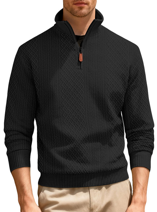 Herren nan feinstrukturierter Halbzip-Pullover im Jacquard-Relief mit hohem Stehkragen und Leder-Zipper EB