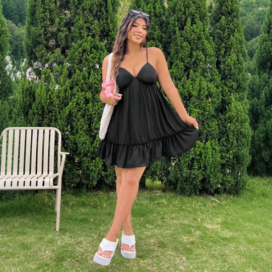 Damen luftiges Strandkleid mit Rüschenabschluss und verstellbaren Trägern EB