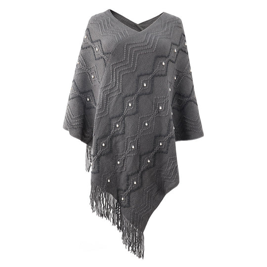 Damen eleganter Poncho mit auffälligem Strukturmuster und dekorativen Fransen EB