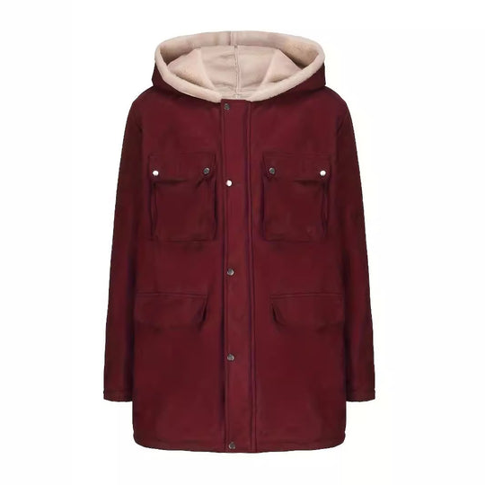 Damen warme Outdoorjacke mit Innenfutter aus Kunstfell und großen Taschen EB