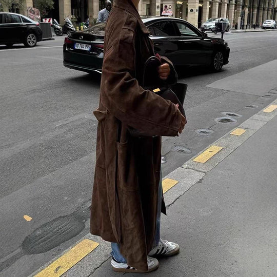 Damen modische Wildlederjacke mit eleganter Taillierung und praktischem Bindegürtel EB