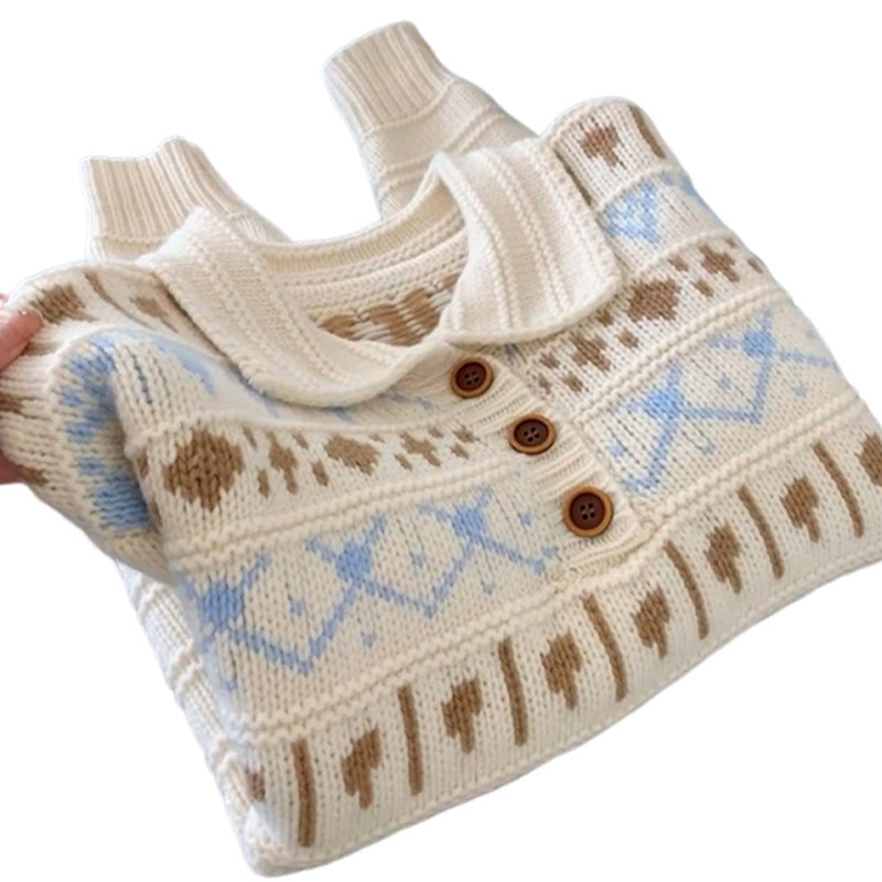Damen Grobstrickpullover mit liebevollem Grafikumfang und romantischem Kragen EB