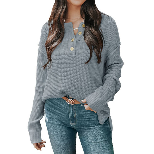 Damen lässiger Oversized Pullover mit Knopfleiste und strukturiertem Material EB