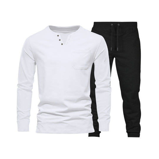 Herren Langarm‑Henley Loungewear‑Set mit Brusttasche und tapered Jogginghose EB
