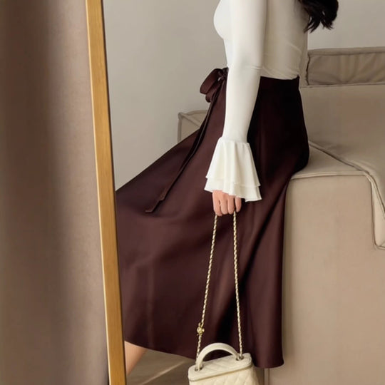 Damen Hochtaillierter A-Linien Midirock mit Bindegürtel und Satin-Finish EB