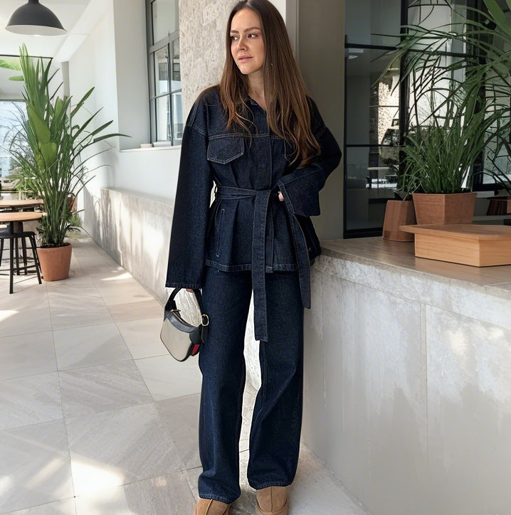 Damen Hoch taillierte Jeans mit weitem Bein und edler Verarbeitung EB
