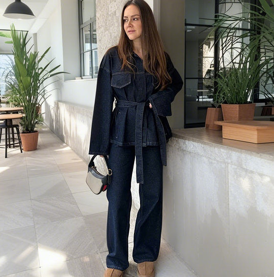 Damen Hoch taillierte Jeans mit weitem Bein und edler Verarbeitung EB