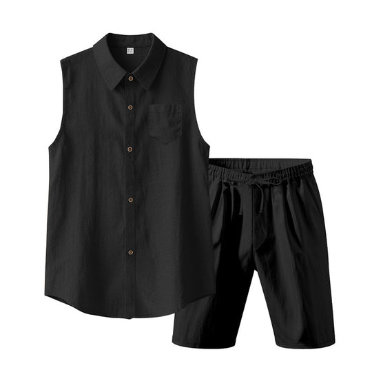 Herren nan ärmelloses Hemd- und Shorts-Set aus Baumwoll-Leinen mit Kentkragen und elastischem Tunnelzugbund EB