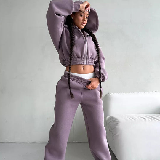 Damen Cropped‑Zip‑Hoodie mit Ballonärmeln und hochgeschnittener Jogginghose mit gerafftem Taillenbund EB