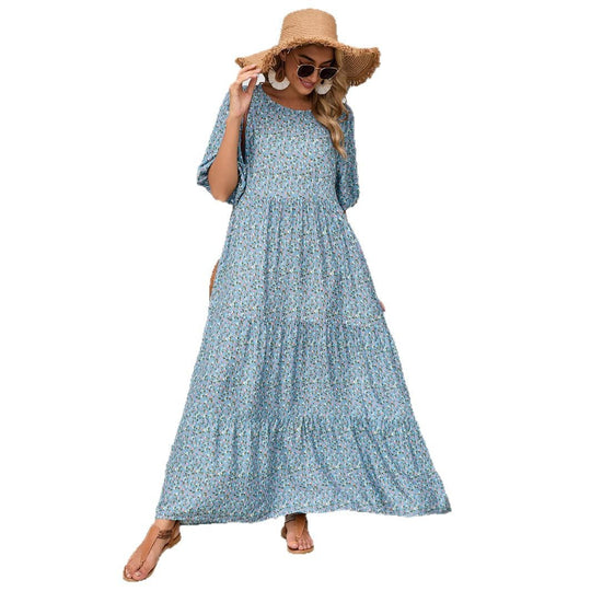 Damen Maxikleid mit Puffärmeln und voluminösem Saum EB
