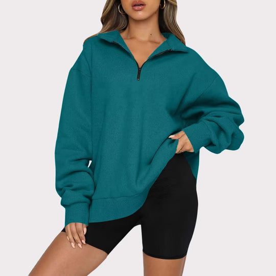 Damen nan oversized Sweatshirt mit halbem Reißverschluss, weichem Fleece-Innenfutter und Kängurutasche EB