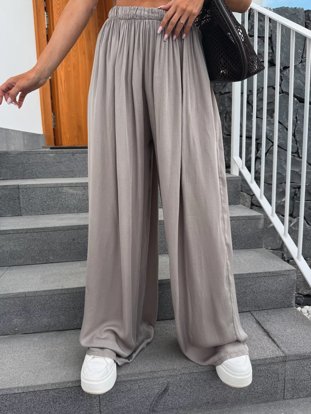 Damen weit geschnittene Palazzo-Hose mit hohem elastischem Bund und fließendem Jersey EB