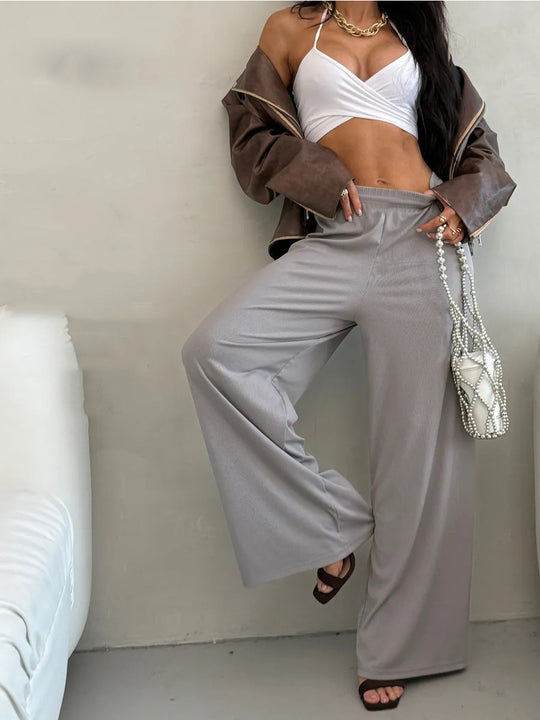 Damen weite High-Waist Palazzo-Hose aus geripptem Jersey mit elastischem Bund EB