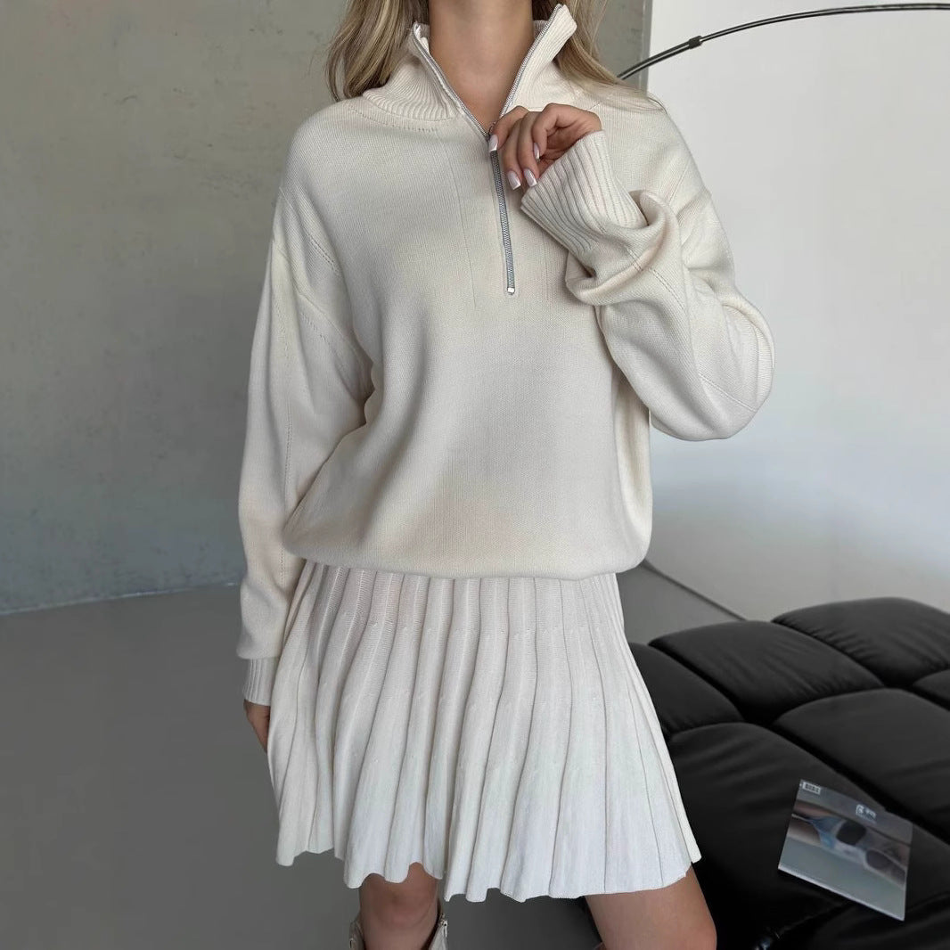 Damen gemütliches Strick-Set mit Reißverschluss-Pullover und plissiertem Rock EB