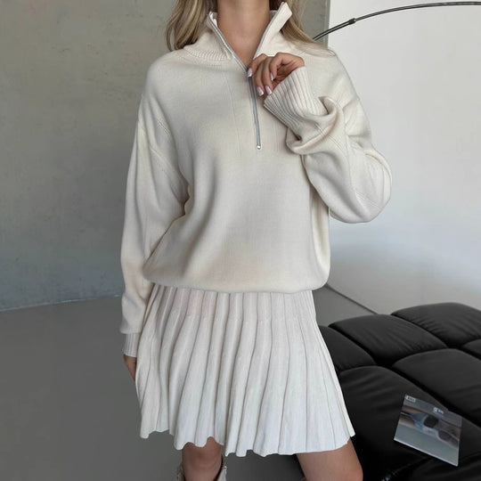 Damen gemütliches Strick-Set mit Reißverschluss-Pullover und plissiertem Rock EB