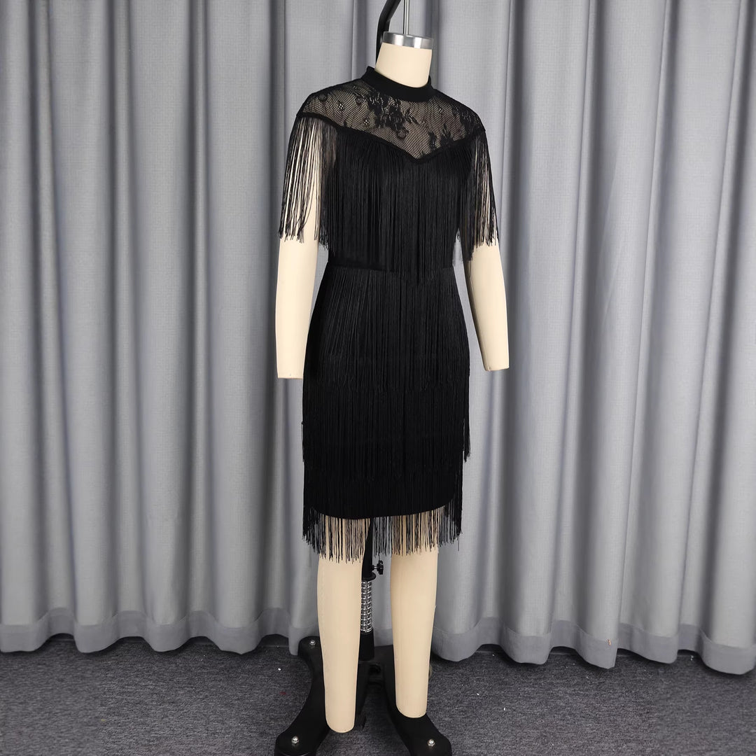 Damen Kleid mit fransierenden Details und eleganter Spitzeneinlage EB