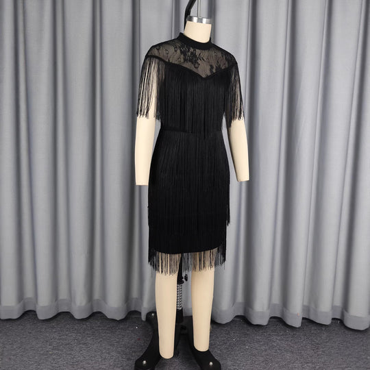 Damen Kleid mit fransierenden Details und eleganter Spitzeneinlage EB