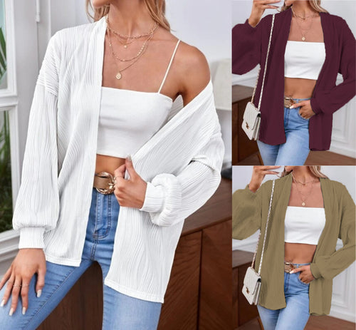 Damen Lässiger Cardigan aus strukturiertem Material mit weiten Ärmeln EB