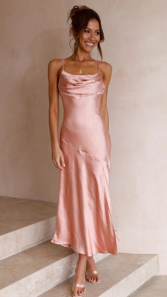 Damen Satin Maxikleid mit elegantem Schlitz und verstellbaren Trägern EB