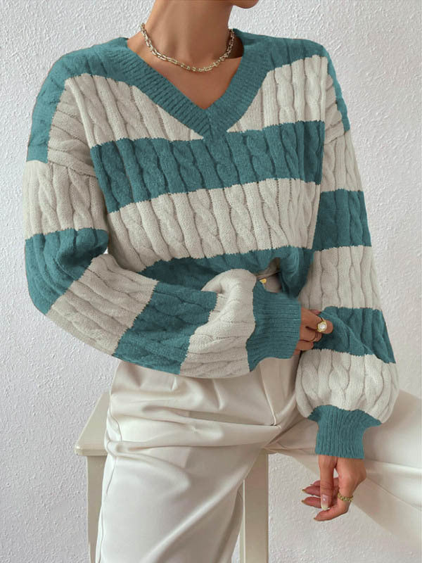Damen V-Ausschnitt Strickpullover mit Rippstruktur und langen Ärmeln EB