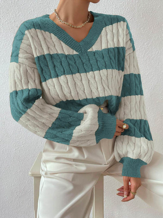Damen V-Ausschnitt Strickpullover mit Rippstruktur und langen Ärmeln EB