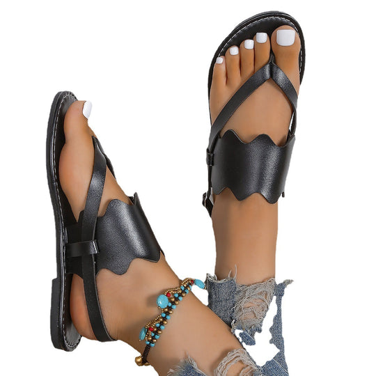 Damen Zehentrenner-Sandalen mit elegantem Wellenmuster und verstellbarem Riemen EB