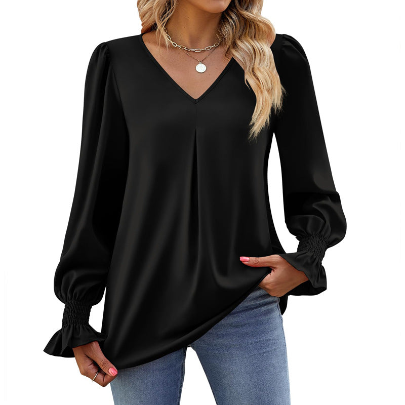 Damen V-Ausschnitt Bluse mit Kellerfalte und gerafften Manschetten EB