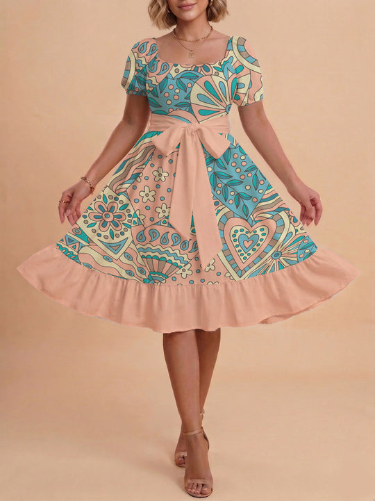Damen elegantes Maxikleid mit floralem Design und Taillengürtel EB