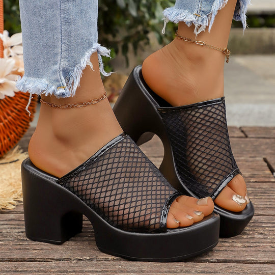 Damen Plateausandalen mit Netz-Obermaterial und robustem Blockabsatz EB