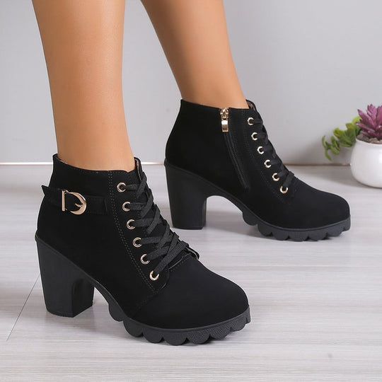 Damen Schnürstiefeletten mit Blockabsatz und Reißverschluss EB