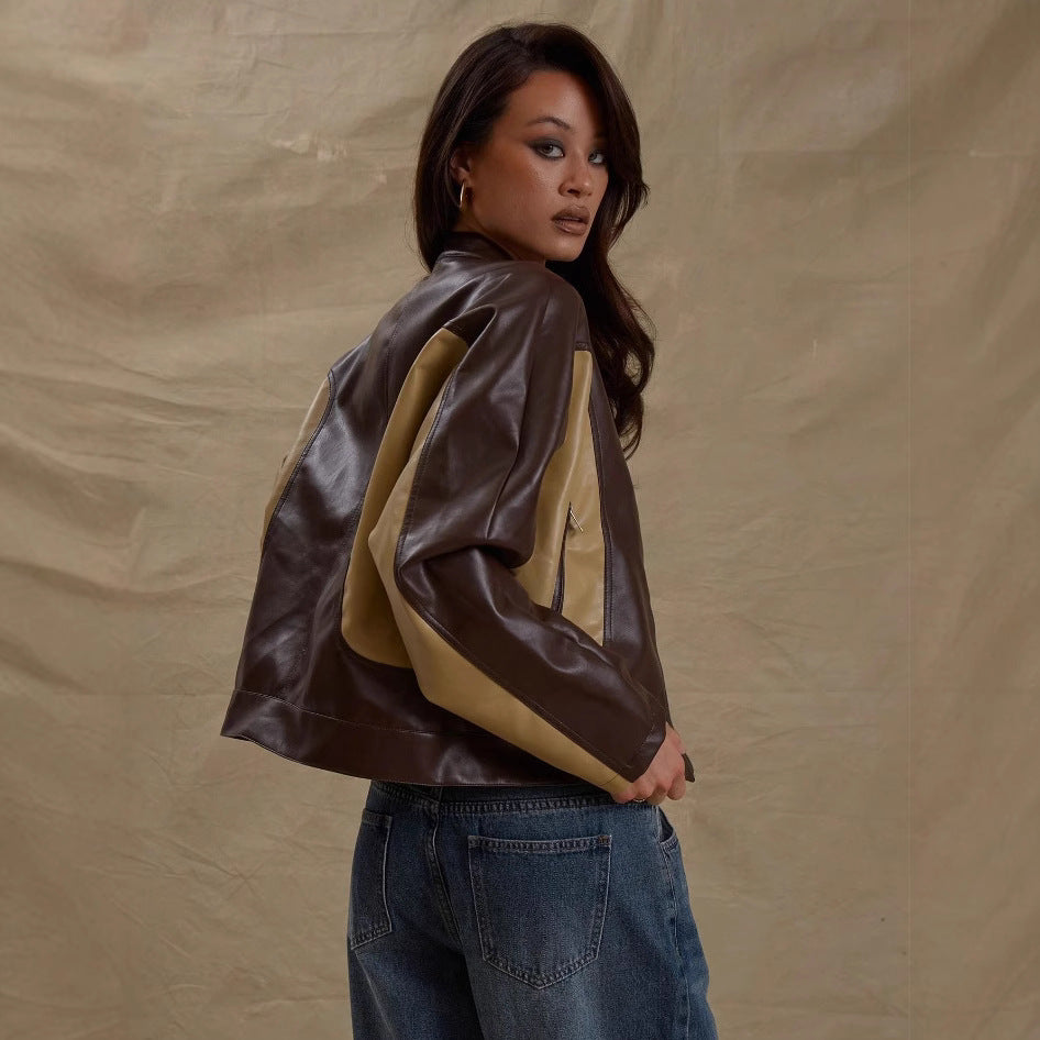 Damen modische Kunstlederjacke mit kontrastierenden Ärmeln EB