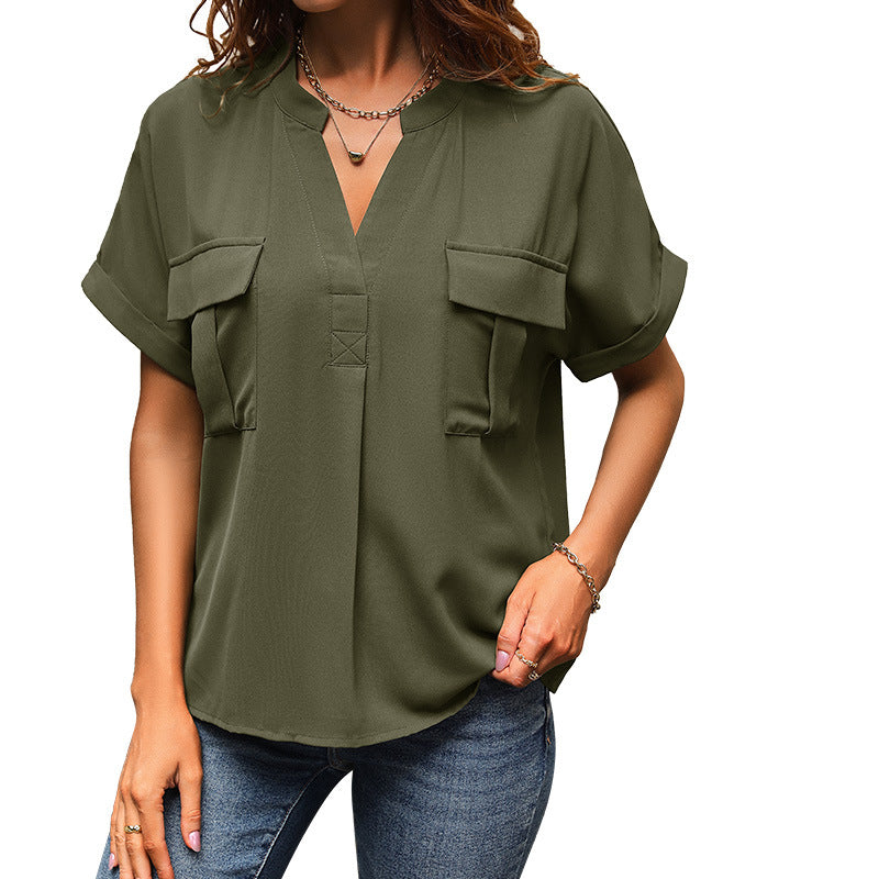 Damen lässige Bluse mit praktischen Taschen und modernem V-Ausschnitt EB