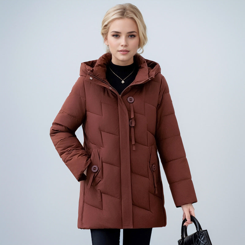 Damen modische gesteppte Winterjacke mit Kapuze und großen Taschen EB