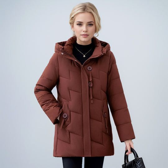 Damen modische gesteppte Winterjacke mit Kapuze und großen Taschen EB