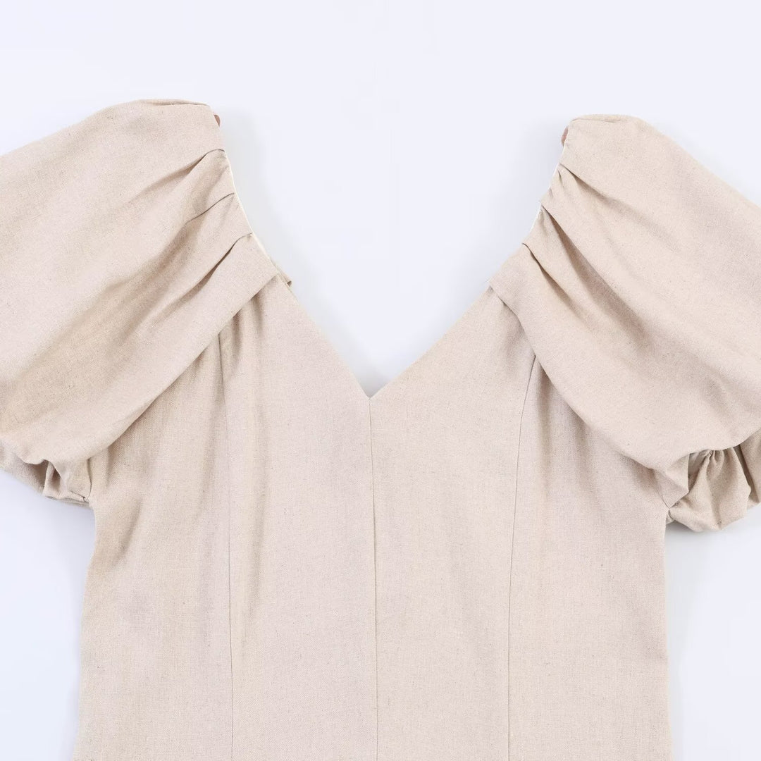 Damen V-Ausschnitt Kleid mit voluminösen Puffärmeln und schwingendem Rock EB