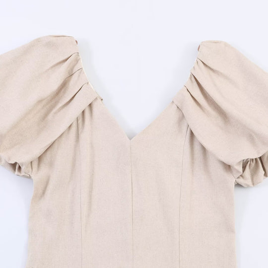 Damen V-Ausschnitt Kleid mit voluminösen Puffärmeln und schwingendem Rock EB
