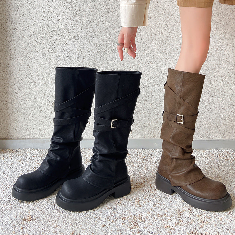 Damen modische Overknee-Stiefel mit stylischem Riemen-Design EB