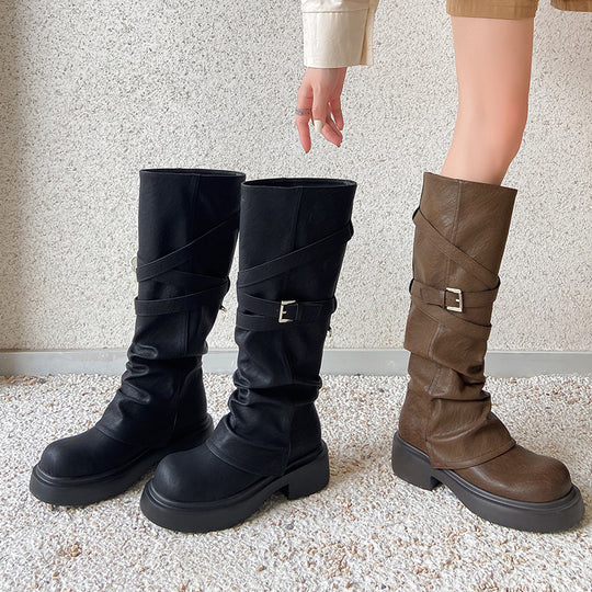 Damen modische Overknee-Stiefel mit stylischem Riemen-Design EB