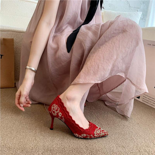 Damen elegante High Heel Schuhe mit raffiniertem Spitzenmuster EB