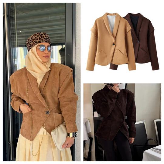 Damen elegante Suede-Jacke mit modischen Taschen EB