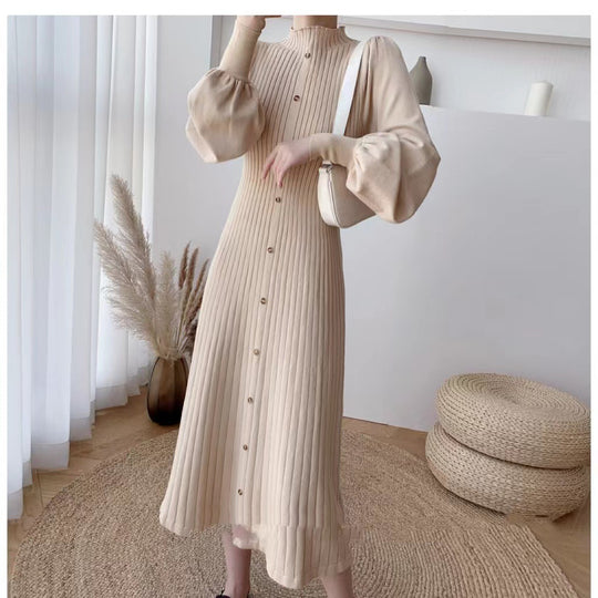 Damen Elegantes, gerippteres Knopfkleid mit langen Ärmeln EB